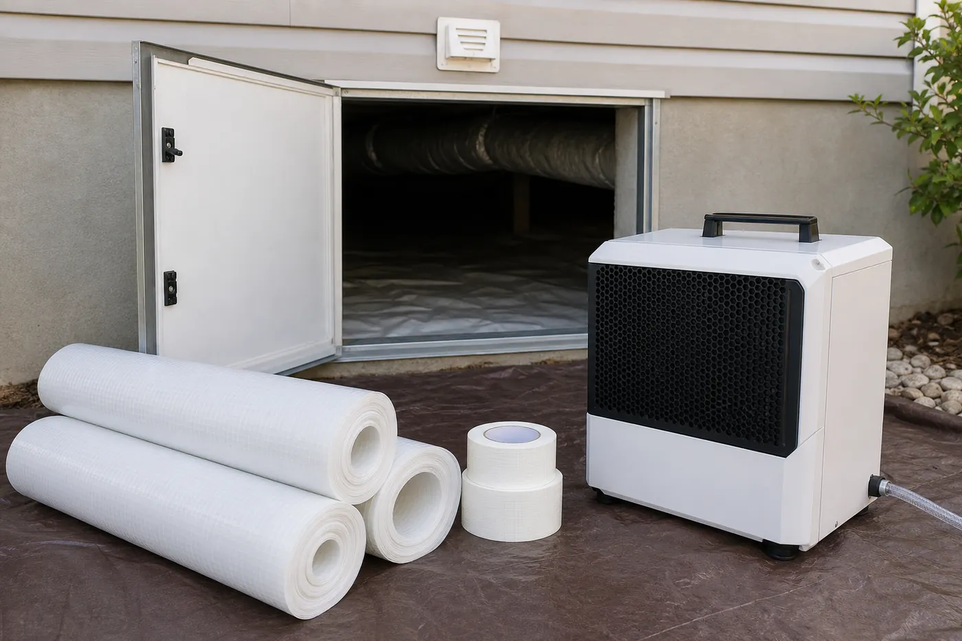 Rolls of reinforced liner, seam tape and a crawl space dehumidifier beside an open crawl space access door